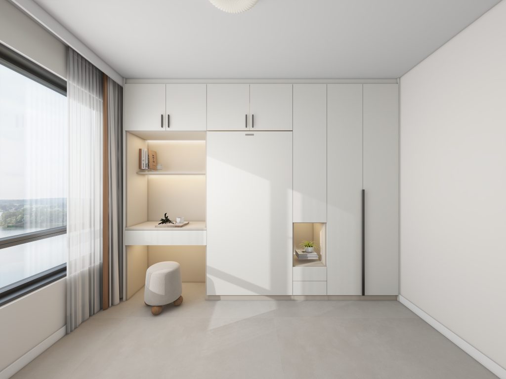 Bedroom 2 Space Saving Beds with Casement Wardrobe with Open Shelves with Study Table  (11.5 feet)