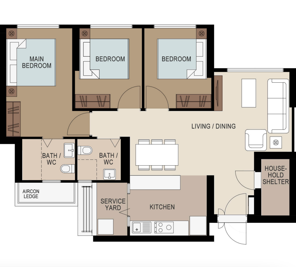 Toa Payoh Ridge 2-Room Design A (Kitchen, Master Bedroom, and Bathroom Cabinets)