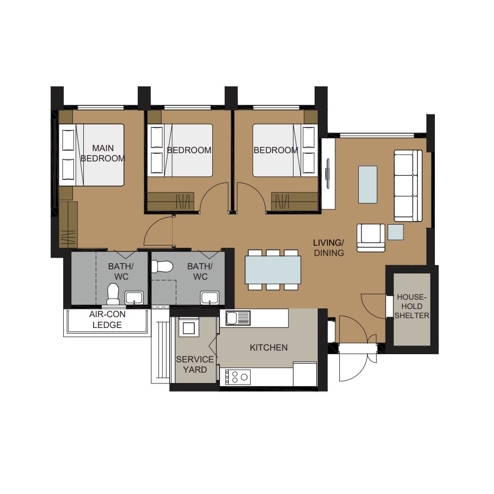 Tengah Parc Residences 2-Room  Design A (Kitchen, Master Bedroom, and Bathroom Cabinets)