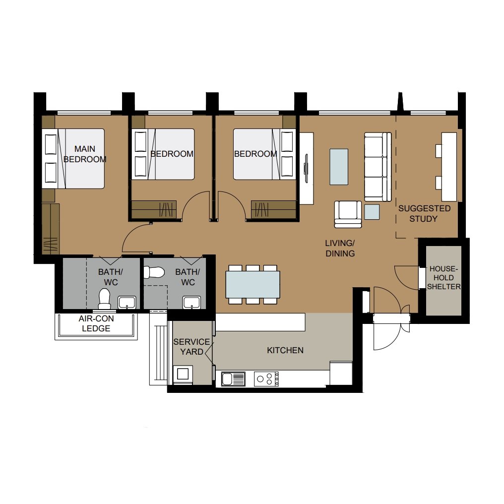 Tengah Parc Residences 2-Room  Design A (Kitchen, Master Bedroom, and Bathroom Cabinets)