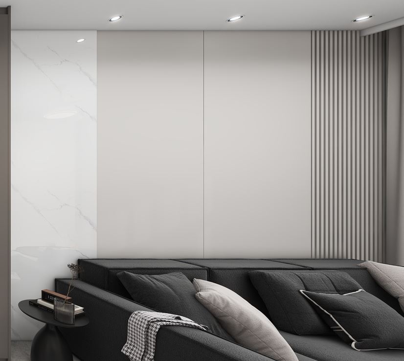 Living sofa behind Feature Wall