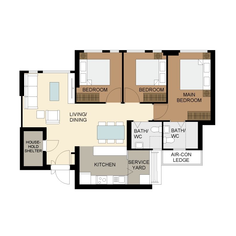 Woodgrove Edge 2-Room Design A (Kitchen, Master Bedroom, and Bathroom Cabinets)