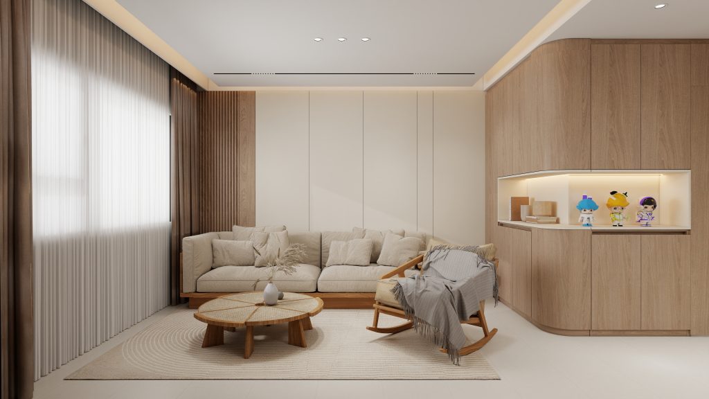 Living sofa behind Feature Wall