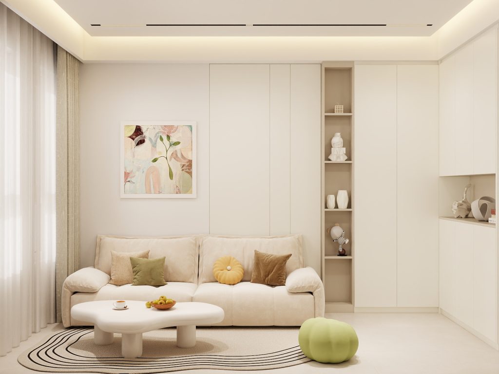 Living sofa behind Feature Wall & Full height display cabinet