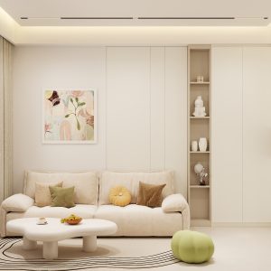 Living sofa behind Feature Wall & Full height display cabinet