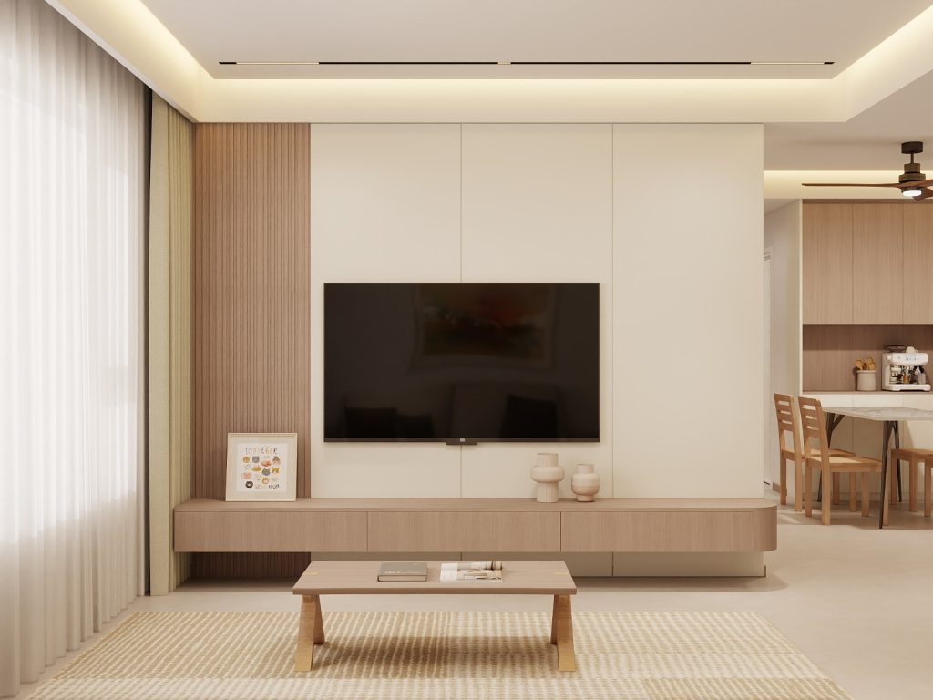 Living Room Suspended Tv Console & Feature Wall with LED Light  (10 feet)